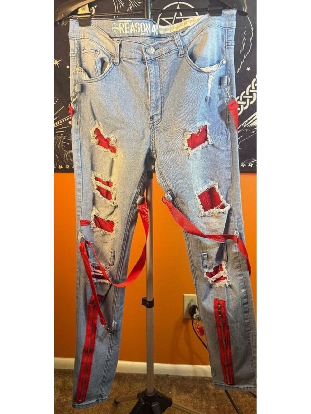 Vintage Reason sz 40 Distressed Light Blue Denim Jeans with Red straps punk